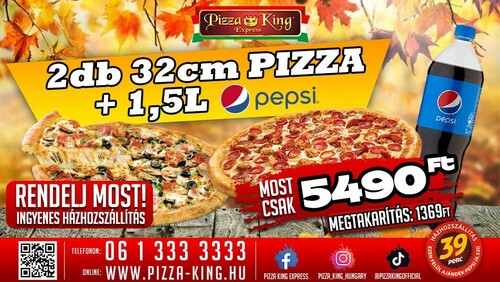 Pizza King 10 - 2 darab normál 32cm pizza, 1,5l pepsivel - Szuper ajánlat - Online rendelés