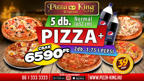Pizza King 2 - 5 db normál pizza 2db 1,75l Pepsivel - Szuper ajánlat - Online rendelés