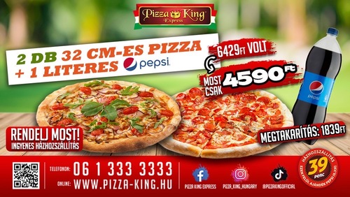 Pizza King 7 - 2 darab normál 32cm pizza, 1l pepsivel - Szuper ajánlat - Online rendelés