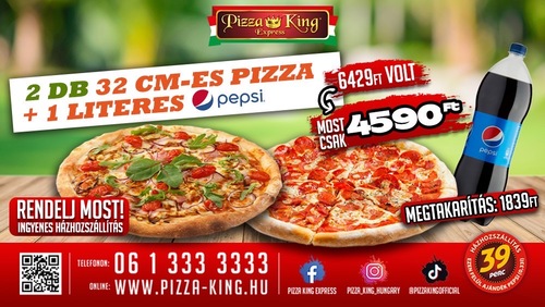 Pizza King 7 - 2 darab normál 32cm pizza, 1l pepsivel - Szuper ajánlat - Online rendelés