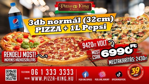 Pizza King 7 - 3 db normál pizza 1 literes Pepsivel - Szuper ajánlat - Online rendelés
