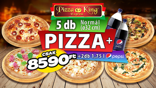 Pizza King 7 - 5 db normál pizza 2db 1,75l Pepsivel - Szuper ajánlat - Online rendelés