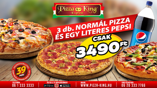 Pizza King 2 - 3 db normál pizza 1 literes Pepsivel - Szuper ajánlat - Online rendelés