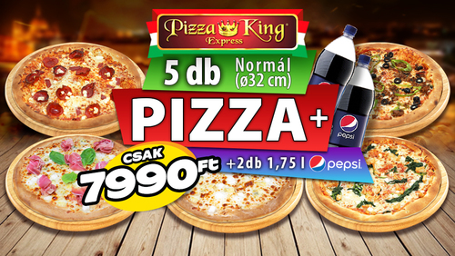 Pizza King 7 - 5 db normál pizza 2db 1,75l Pepsivel - Szuper ajánlat - Online rendelés
