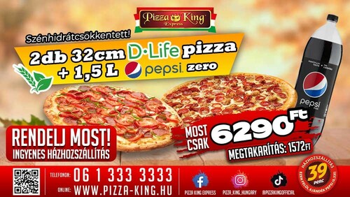 Pizza King 10 - 2 db 32cm D-life pizza 1,5l pepsivel - Szuper ajánlat - Online rendelés